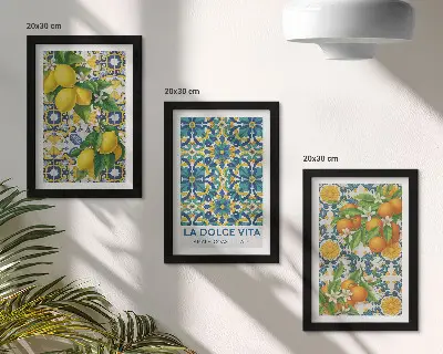 Tríptico de flores de limón y naranjas al estilo italiano enmarcado