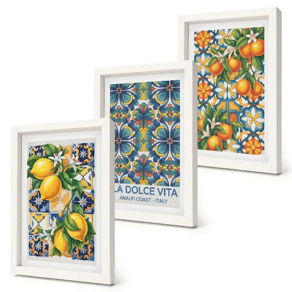 Juego de 3 cuadros decorativos con motivos de flores de limón y naranja en patrones coloridos