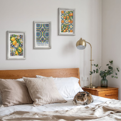 Juego de 3 cuadros decorativos Flores de limón y naranja en coloridos patrones