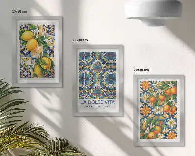 Juego de 3 cuadros decorativos con motivos de flores de limón y naranja en patrones coloridos