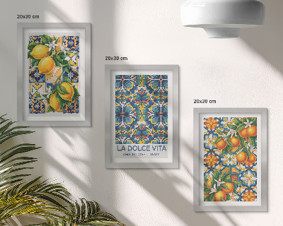 Juego de 3 cuadros decorativos Flores de limón y naranja en coloridos patrones