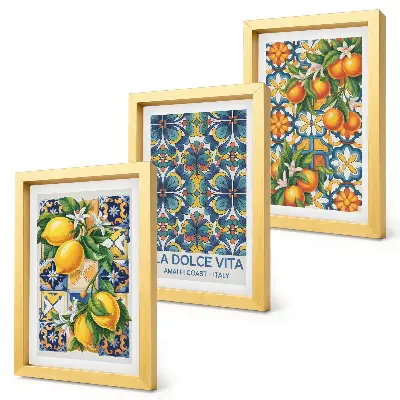 Juego de 3 cuadros decorativos con motivos de flores de limón y naranja en patrones coloridos