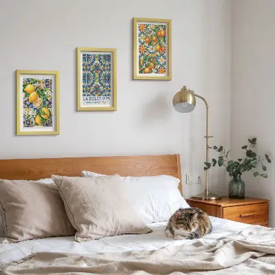 Juego de 3 cuadros decorativos con motivos de flores de limón y naranja en patrones coloridos