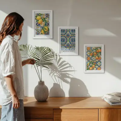 Juego de 3 cuadros decorativos con motivos de flores de limón y naranja en patrones coloridos