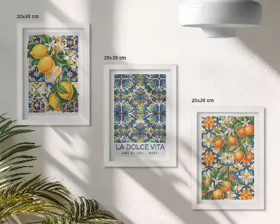 Juego de 3 cuadros decorativos con motivos de flores de limón y naranja en patrones coloridos