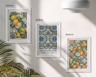 Juego de 3 cuadros decorativos Flores de limón y naranja en coloridos patrones