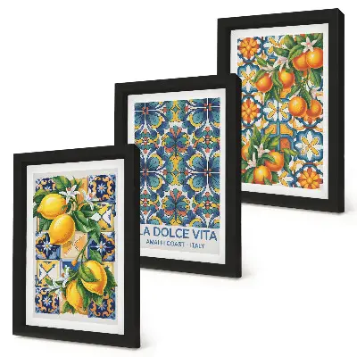 Juego de 3 cuadros decorativos con motivos de flores de limón y naranja en patrones coloridos