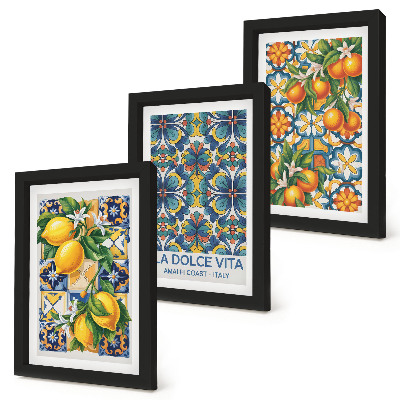 Juego de 3 cuadros decorativos Flores de limón y naranja en coloridos patrones