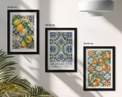 Juego de 3 cuadros decorativos con motivos de flores de limón y naranja en patrones coloridos
