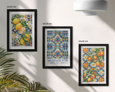 Juego de 3 cuadros decorativos Flores de limón y naranja en coloridos patrones