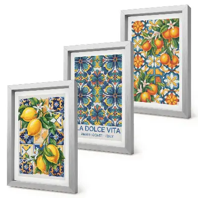 Juego de 3 cuadros decorativos con motivos de flores de limón y naranja en patrones coloridos