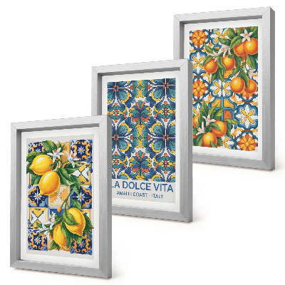 Juego de 3 cuadros decorativos Flores de limón y naranja en coloridos patrones