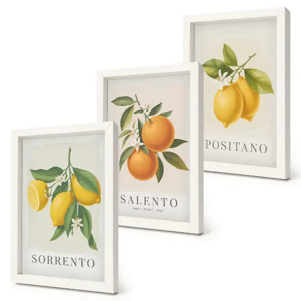 Tríptico enmarcado de limones y naranjas decoración con motivos de la costa amalfitana de Italia