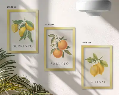 Tríptico enmarcado de limones y naranjas decoración con motivos de la costa amalfitana de Italia