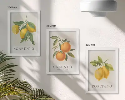 Tríptico enmarcado de limones y naranjas decoración con motivos de la costa amalfitana de Italia