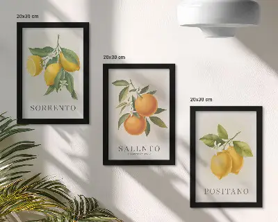 Tríptico enmarcado de limones y naranjas decoración con motivos de la costa amalfitana de Italia
