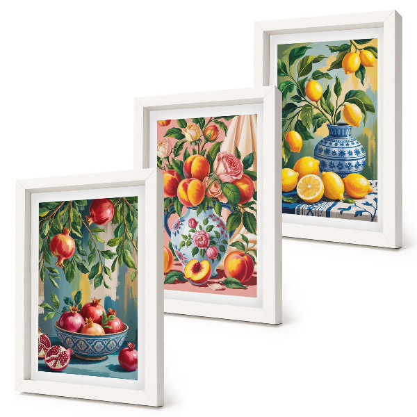 Juego de 3 cuadros decorativos Composiciones frutales con granadas, limones y duraznos.