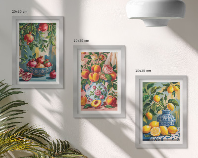 Juego de 3 cuadros decorativos Composiciones frutales con granadas, limones y duraznos.