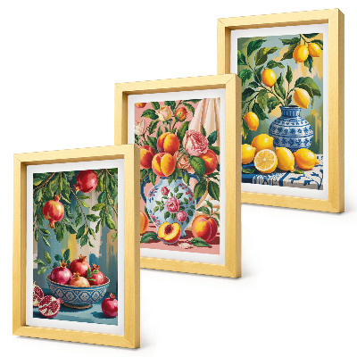Juego de 3 cuadros decorativos Composiciones frutales con granadas, limones y duraznos.