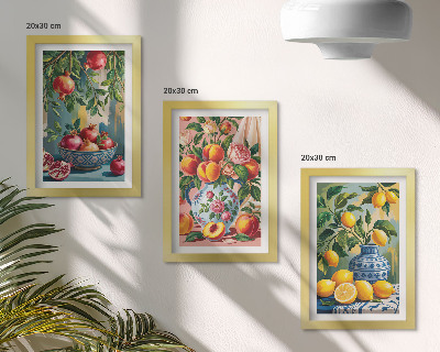 Juego de 3 cuadros decorativos Composiciones frutales con granadas, limones y duraznos.