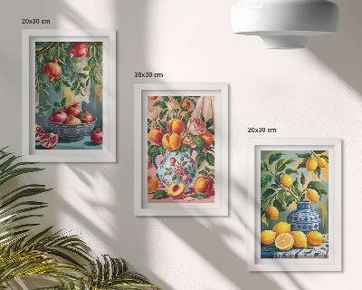 Juego de 3 cuadros decorativos Composiciones frutales con granadas, limones y duraznos.