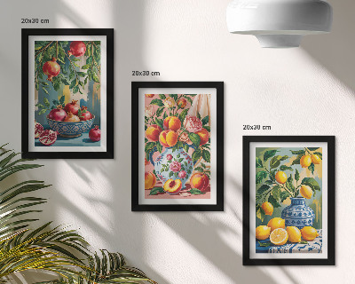 Juego de 3 cuadros decorativos Composiciones frutales con granadas, limones y duraznos.