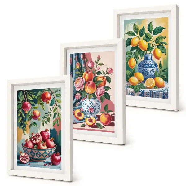 Juego de 3 cuadros decorativos con diseño de flores y frutas en jarrones