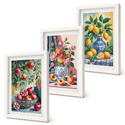 Juego de 3 cuadros decorativos Flores y frutas pintadas en jarrones