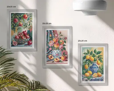 Juego de 3 cuadros decorativos con diseño de flores y frutas en jarrones