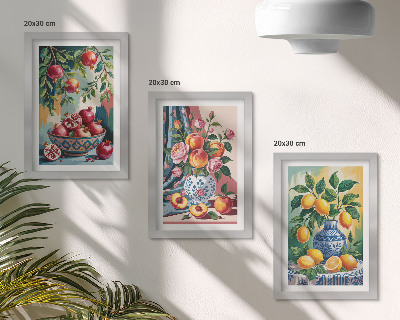 Juego de 3 cuadros decorativos Flores y frutas pintadas en jarrones