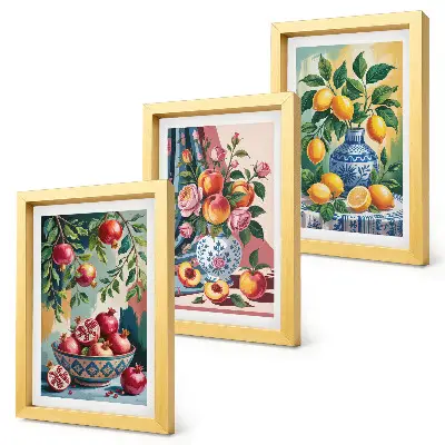 Juego de 3 cuadros decorativos con diseño de flores y frutas en jarrones