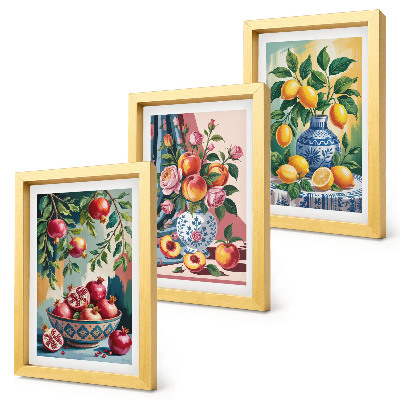 Juego de 3 cuadros decorativos Flores y frutas pintadas en jarrones