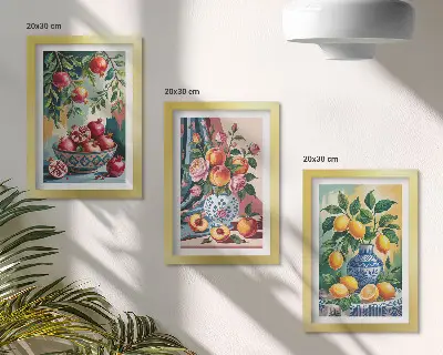 Juego de 3 cuadros decorativos con diseño de flores y frutas en jarrones
