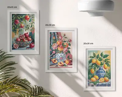 Juego de 3 cuadros decorativos con diseño de flores y frutas en jarrones