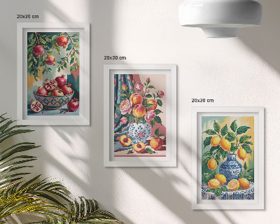 Juego de 3 cuadros decorativos Flores y frutas pintadas en jarrones