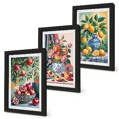 Juego de 3 cuadros decorativos con diseño de flores y frutas en jarrones