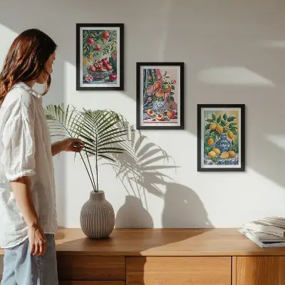 Juego de 3 cuadros decorativos con diseño de flores y frutas en jarrones