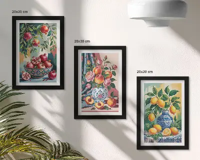 Juego de 3 cuadros decorativos con diseño de flores y frutas en jarrones