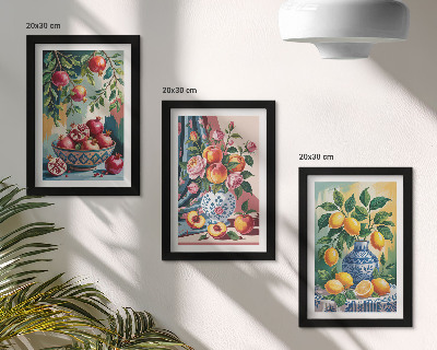Juego de 3 cuadros decorativos Flores y frutas pintadas en jarrones