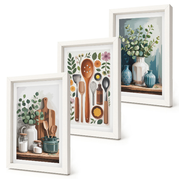 Tríptico enmarcado Accesorios de cocina con plantas de estilo moderno.