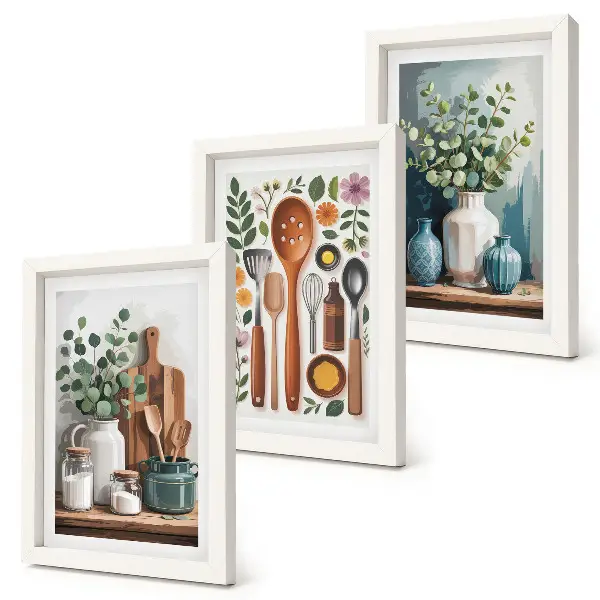 Tríptico enmarcado de accesorios de cocina con plantas de estilo moderno