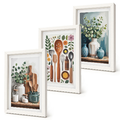 Tríptico enmarcado Accesorios de cocina con plantas de estilo moderno.
