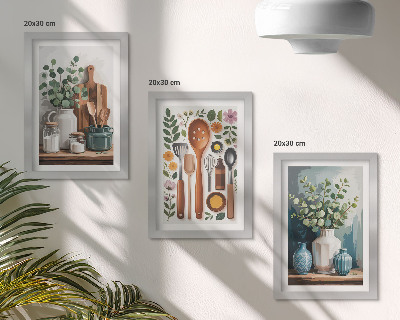 Tríptico enmarcado Accesorios de cocina con plantas de estilo moderno.
