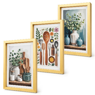 Tríptico enmarcado Accesorios de cocina con plantas de estilo moderno.