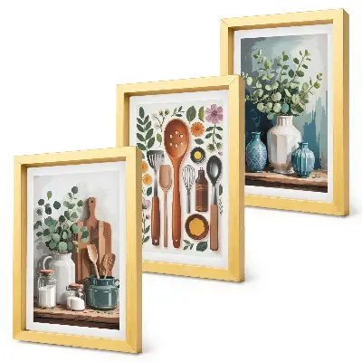 Tríptico enmarcado de accesorios de cocina con plantas de estilo moderno