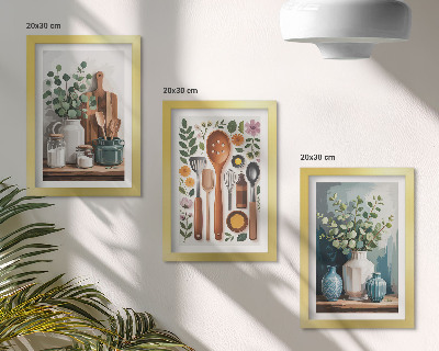 Tríptico enmarcado Accesorios de cocina con plantas de estilo moderno.