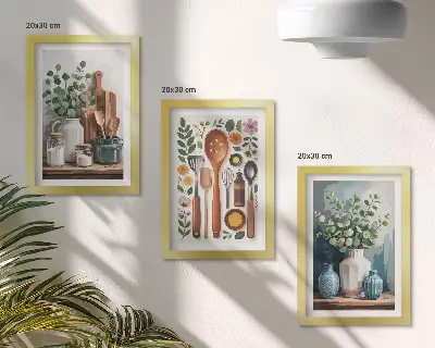 Tríptico enmarcado de accesorios de cocina con plantas de estilo moderno