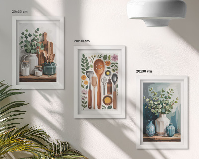 Tríptico enmarcado Accesorios de cocina con plantas de estilo moderno.