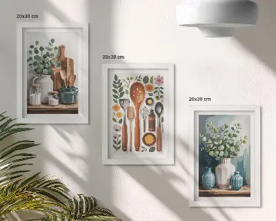 Tríptico enmarcado de accesorios de cocina con plantas de estilo moderno