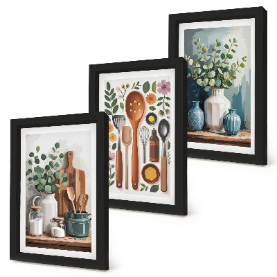 Tríptico enmarcado Accesorios de cocina con plantas de estilo moderno.